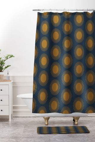 Colour Poems Cheerful Sun Pattern Navy Blue Shower Curtain And Mat