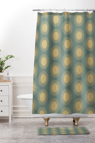 Colour Poems Cheerful Sun Pattern Sage Shower Curtain And Mat