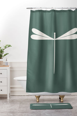 Colour Poems Dragonfly Minimalism Green Shower Curtain And Mat