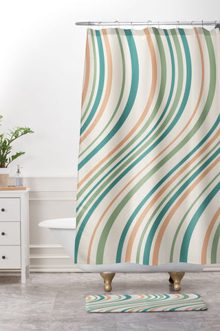Colour Poems Wavy Retro Stripes II Shower Curtain And Mat