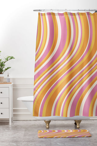 Colour Poems Wavy Retro Stripes III Shower Curtain And Mat