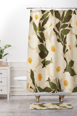 Cuss Yeah Designs Abstract White Wild Roses Shower Curtain And Mat