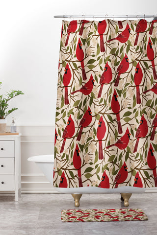 Cuss Yeah Designs Cardinals on Blossoming Tree Shower Curtain And Mat