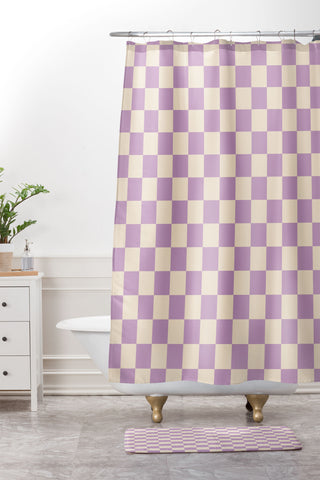 Cuss Yeah Designs Lavender Checker Pattern Shower Curtain And Mat