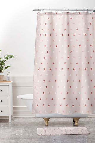 Cuss Yeah Designs Mini Red Pink and White Hearts Shower Curtain And Mat