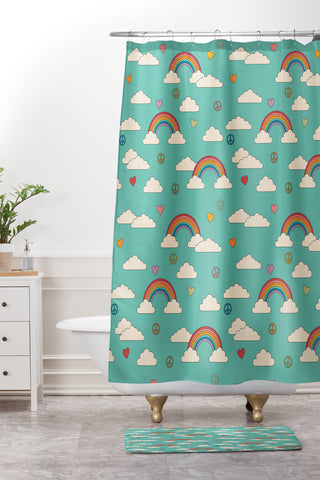 Cuss Yeah Designs Retro Hearts and Rainbows Shower Curtain And Mat