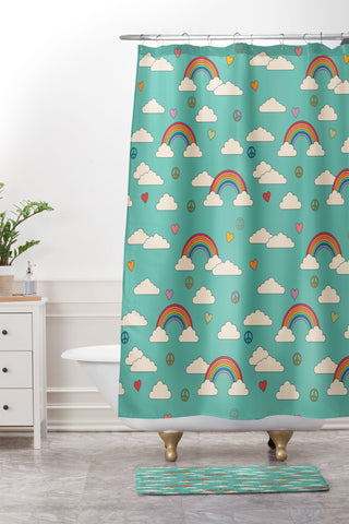 Cuss Yeah Designs Retro Hearts and Rainbows Shower Curtain And Mat