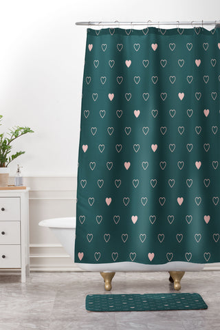 Cuss Yeah Designs Small Pink Hearts on Green Shower Curtain And Mat