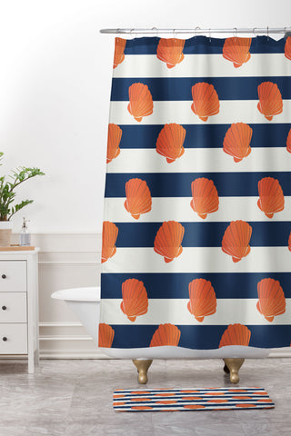 Cynthia Haller Orange clamshell and navy Shower Curtain And Mat