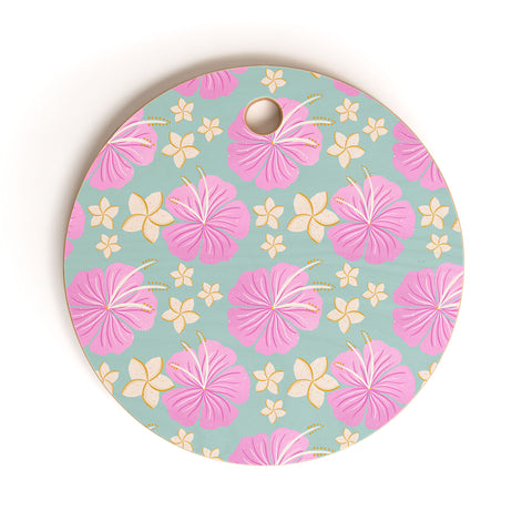 Cynthia Haller Pink and turquoise hibiscus Cutting Board Round