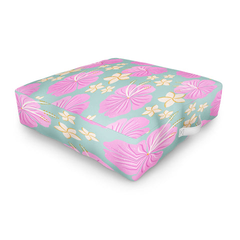 Cynthia Haller Pink and turquoise hibiscus Outdoor Floor Cushion