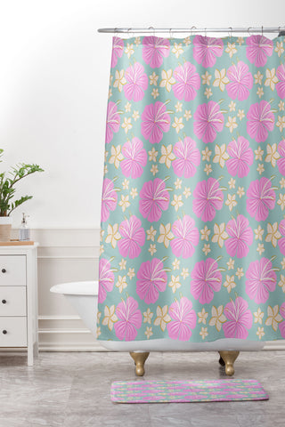 Cynthia Haller Pink and turquoise hibiscus Shower Curtain And Mat