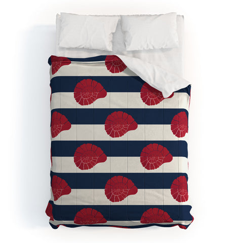 Cynthia Haller Red nautilus shell and navy Comforter