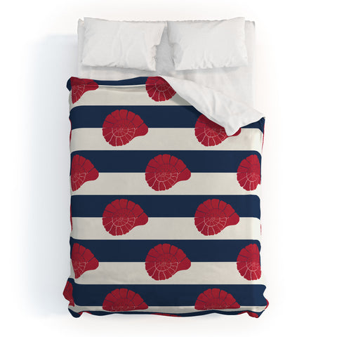 Cynthia Haller Red nautilus shell and navy Duvet Cover