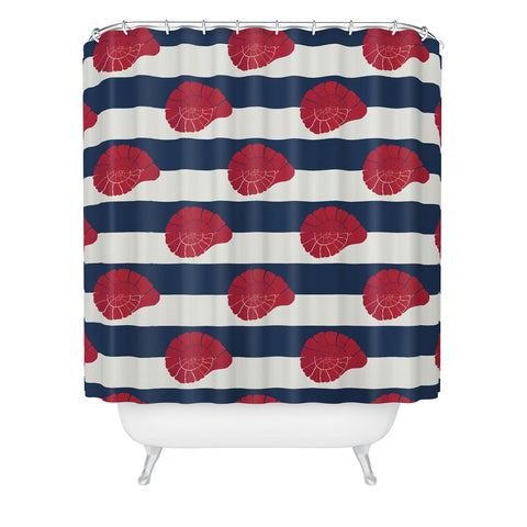 Cynthia Haller Red nautilus shell and navy Shower Curtain