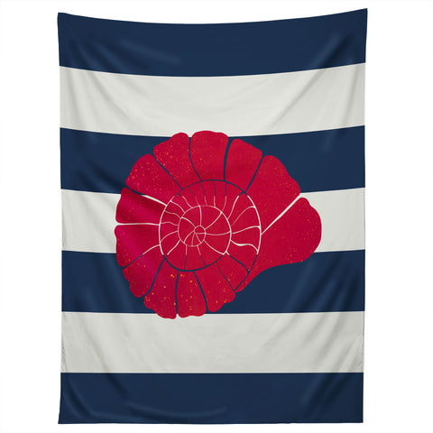 Cynthia Haller Red nautilus shell and navy Tapestry