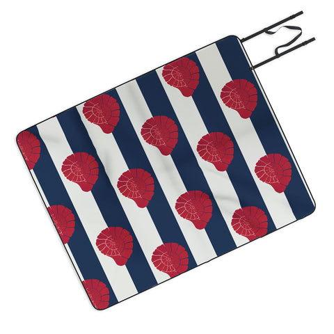 Cynthia Haller Red nautilus shell and navy Picnic Blanket