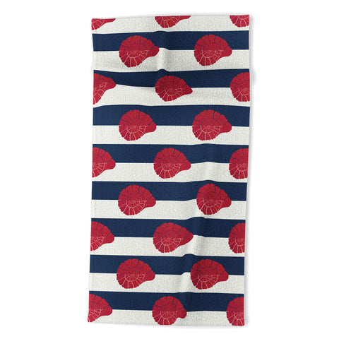Cynthia Haller Red nautilus shell and navy Beach Towel