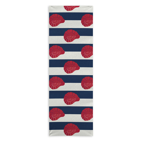 Cynthia Haller Red nautilus shell and navy Yoga Towel