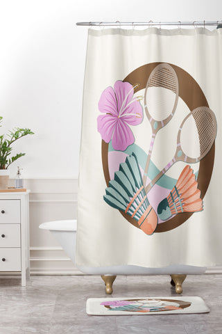 Cynthia Haller Tropical Badminton badge pink Shower Curtain And Mat