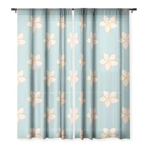 Cynthia Haller White and turquoise plumeria Sheer Window Curtain