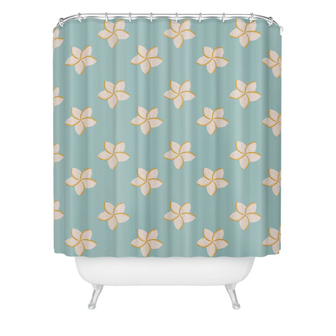 Cynthia Haller White and turquoise plumeria Shower Curtain