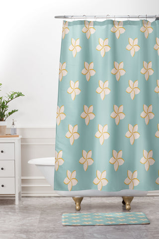 Cynthia Haller White and turquoise plumeria Shower Curtain And Mat