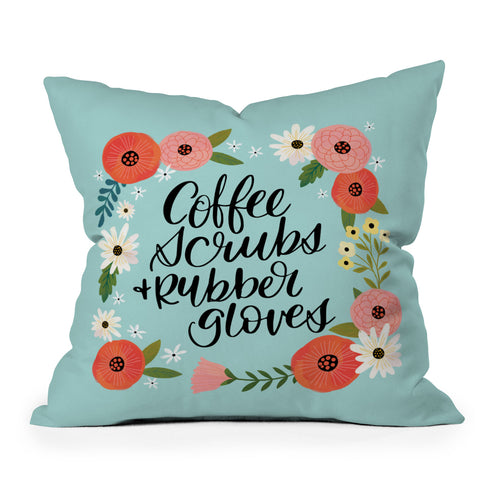 CynthiaF Coffee Scrubs and Rubber Gloves Outdoor Throw Pillow