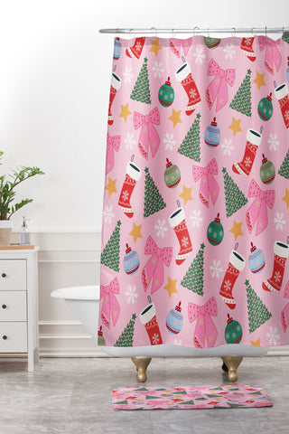 Daily Regina Designs Cute Christmas Pink Shower Curtain And Mat