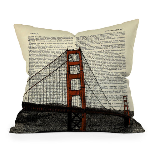 DarkIslandCity Golden Gate Bridge on Dictionary Paper Outdoor Throw Pillow