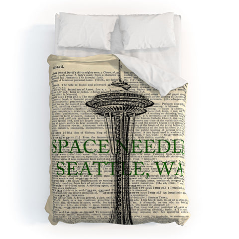 DarkIslandCity Space Needle On Dictionary Paper Duvet Cover