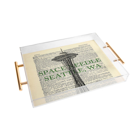 DarkIslandCity Space Needle On Dictionary Paper Acrylic Tray