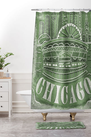 DENY Designs Chicago Landmarks in Green Shower Curtain And Mat