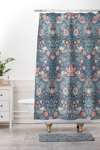 DENY Designs Strawberry Thief Navy Pink Shower Curtain And Mat