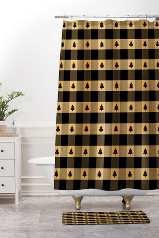 Design by Spark Black Gold Tree Tree Gingham Shower Curtain And Mat