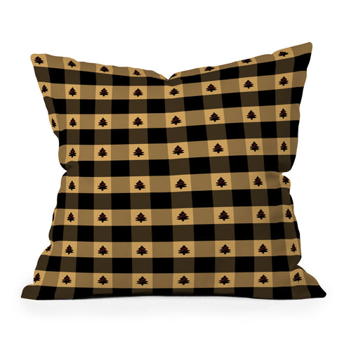 Design by Spark Black Gold Tree Tree Gingham Outdoor Throw Pillow