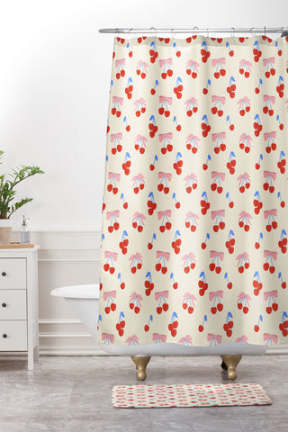 Design by Spark Cherries And Ribbons Shower Curtain And Mat