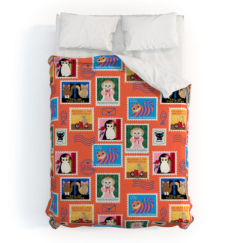 Design by Spark Classic Book Cat Stamps Duvet Cover