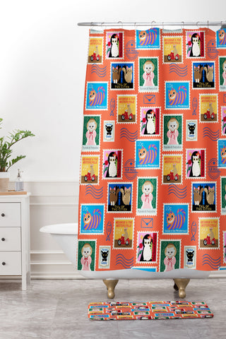 Design by Spark Classic Book Cat Stamps Shower Curtain And Mat