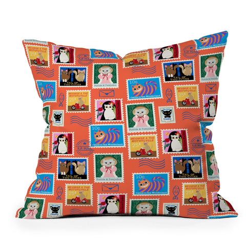 Design by Spark Classic Book Cat Stamps Outdoor Throw Pillow