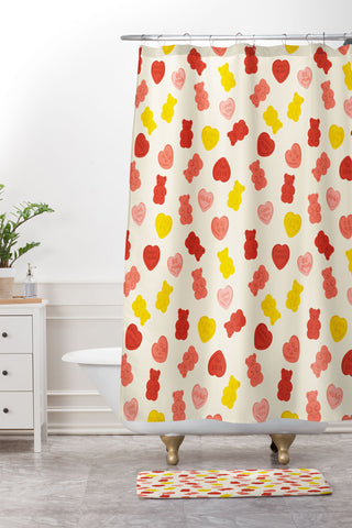 Design by Spark Gummy Bears and Candy Hearts Valentines Shower Curtain And Mat