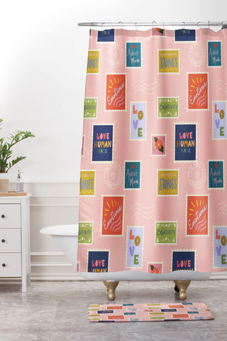 Design by Spark Love Human Made Stamps Shower Curtain And Mat