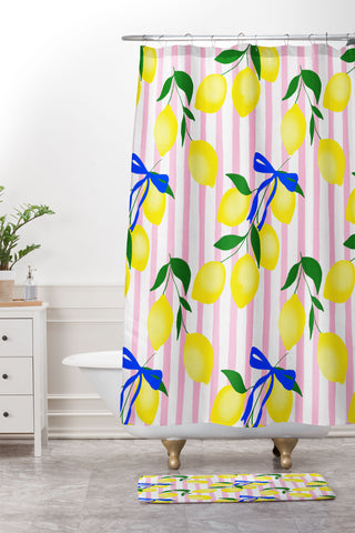 Design by Spark Zesty Lemons and Stripes Shower Curtain And Mat