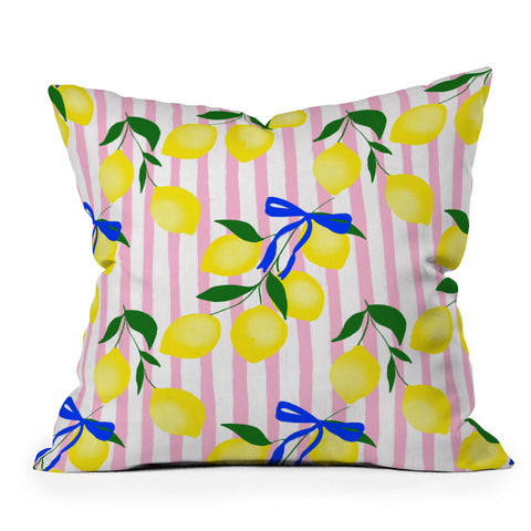 Design by Spark Zesty Lemons and Stripes Outdoor Throw Pillow