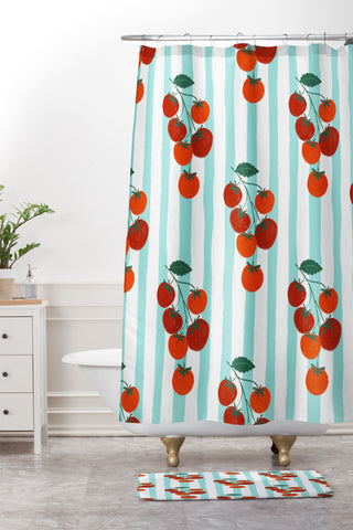 Design by Spark Zesty Tomatoes and Stripes Shower Curtain And Mat