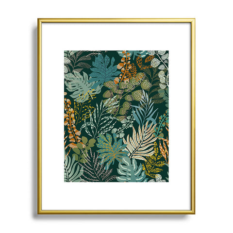DESIGN dannick tropical night emerald leaves Metal Framed Art Print