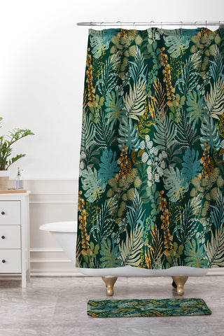 DESIGN dannick tropical night emerald leaves Shower Curtain And Mat