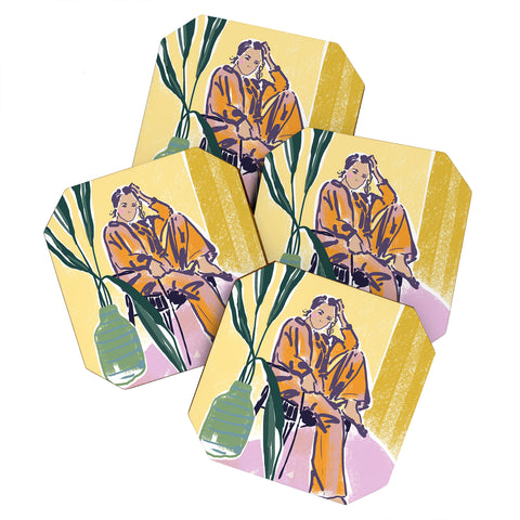 DESIGN dannick Woman wearing yellow pajamas Coaster Set