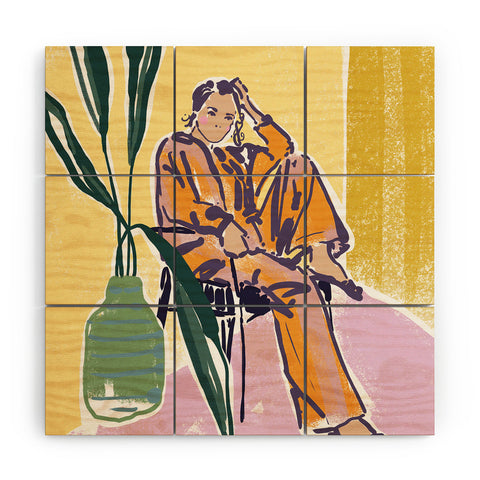 DESIGN dannick Woman wearing yellow pajamas Wood Wall Mural