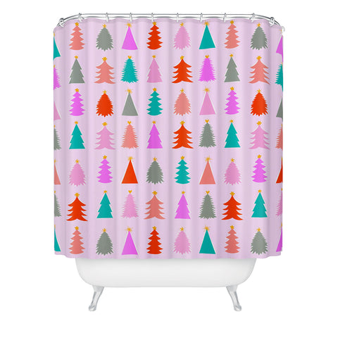 Dominique Vari Words Christmas Tree Pattern on Pink Shower Curtain